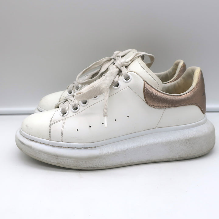 Alexander McQueen Oversized Sneakers White &amp; Rose Gold Metallic Leather Size 37