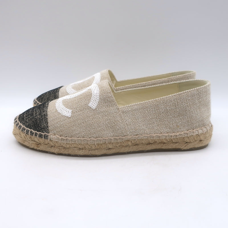 Chanel Sequin CC Cap Toe Espadrilles Beige &amp; Black Canvas Size 37 NEW