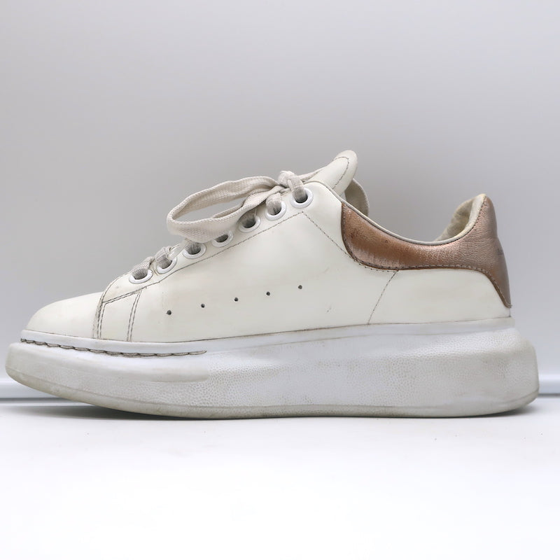Alexander McQueen Oversized Sneakers White &amp; Rose Gold Metallic Leather Size 37