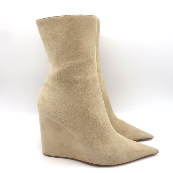Amina Muaddi Pernille Wedge Ankle Boots Beige Suede Size 38.5