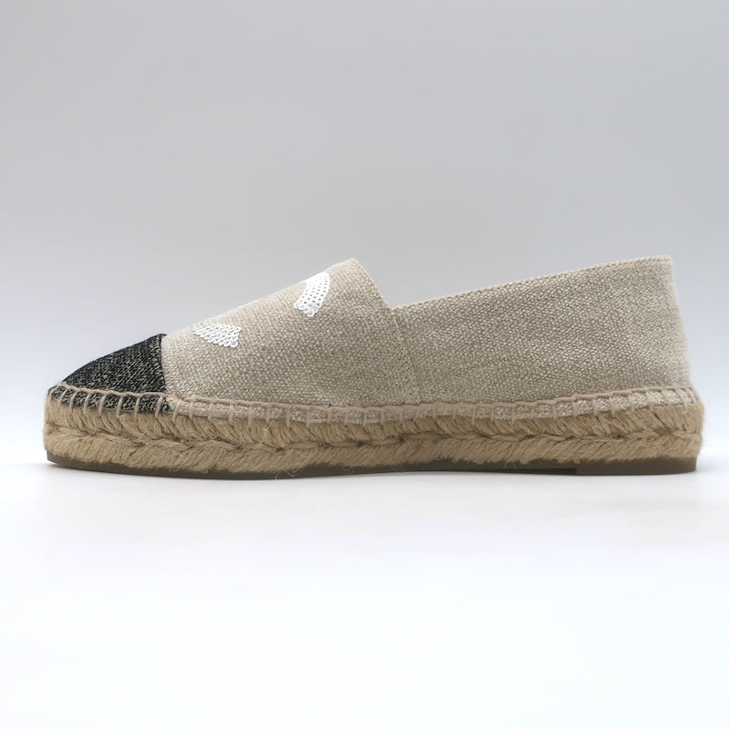 Chanel Sequin CC Cap Toe Espadrilles Beige &amp; Black Canvas Size 37 NEW
