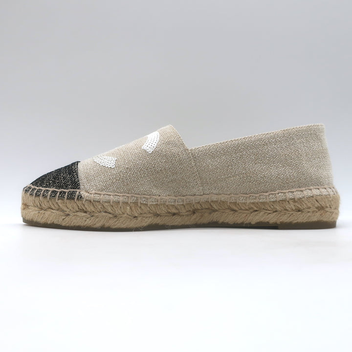 Chanel Sequin CC Cap Toe Espadrilles Beige &amp; Black Canvas Size 37 NEW