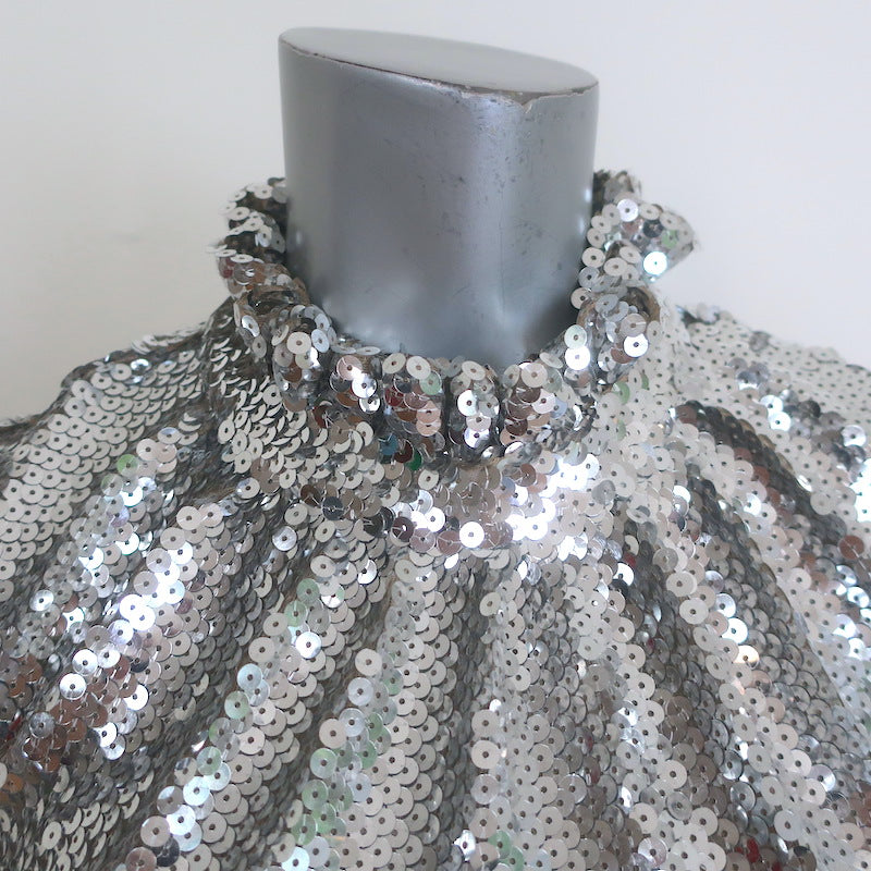 Paco Rabanne Sequined Bell Sleeve Ruffled Mini Dress Silver Size 38
