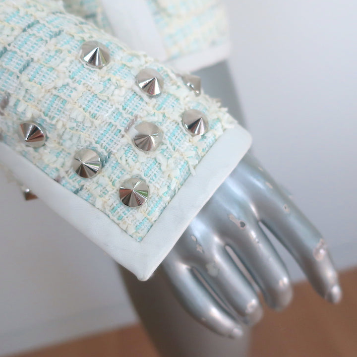 Barbara Bui Studded Tweed Jacket Leather-Trim Light Blue Cotton-Blend Size 42