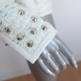 Barbara Bui Studded Tweed Jacket Leather-Trim Light Blue Cotton-Blend Size 42