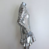 Paco Rabanne Sequined Bell Sleeve Ruffled Mini Dress Silver Size 38