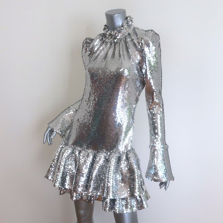 Paco Rabanne Sequined Bell Sleeve Ruffled Mini Dress Silver Size 38