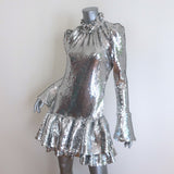 Paco Rabanne Sequined Bell Sleeve Ruffled Mini Dress Silver Size 38