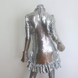 Paco Rabanne Sequined Bell Sleeve Ruffled Mini Dress Silver Size 38