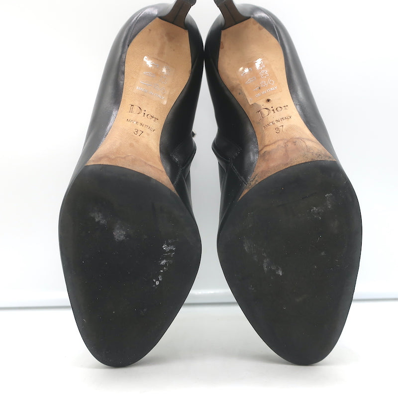 Christian Dior Blason Buckle Ankle Boots Black Leather Size 37 High Heel Booties