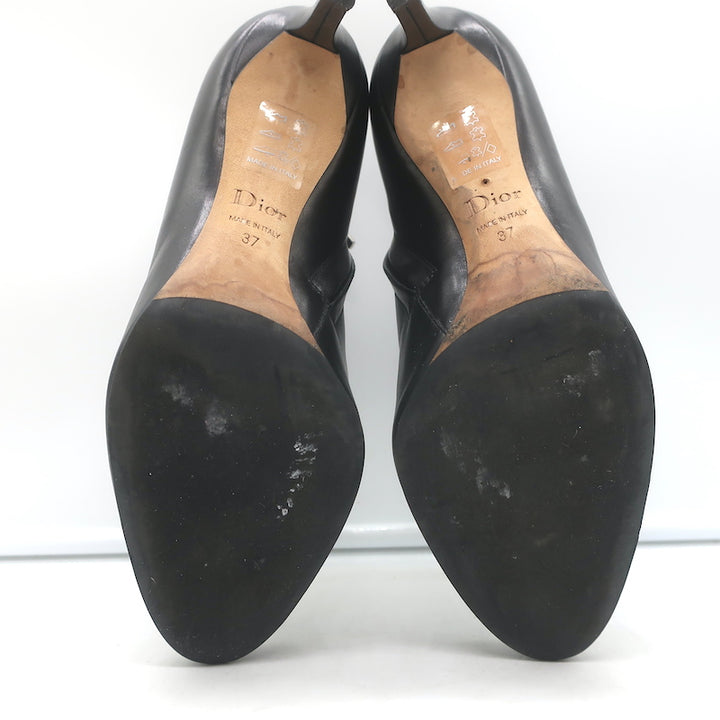 Christian Dior Blason Buckle Ankle Boots Black Leather Size 37 High Heel Booties