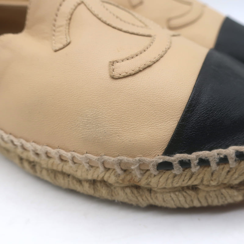 Chanel CC Cap Toe Espadrilles Beige &amp; Black Lambskin Leather Size 37