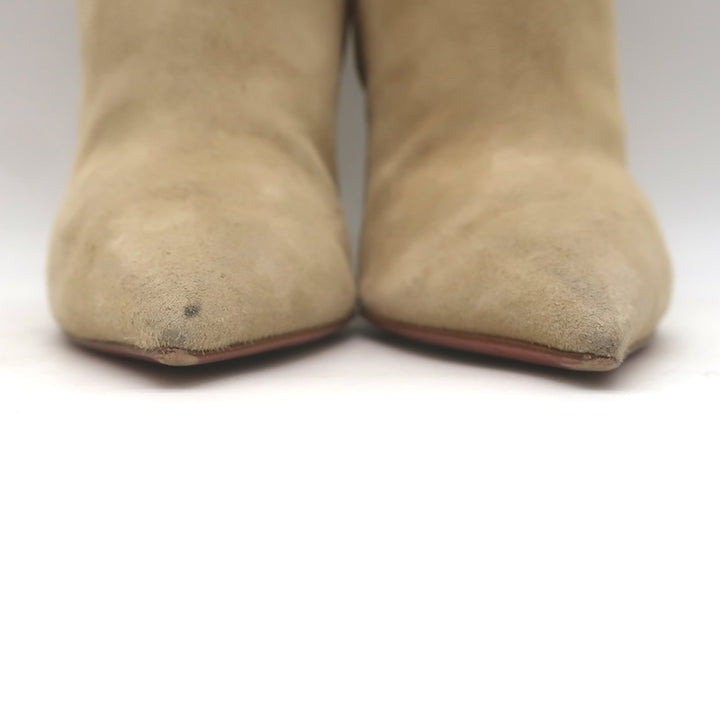 Amina Muaddi Pernille Wedge Ankle Boots Beige Suede Size 38.5