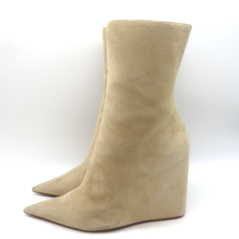Amina Muaddi Pernille Wedge Ankle Boots Beige Suede Size 38.5