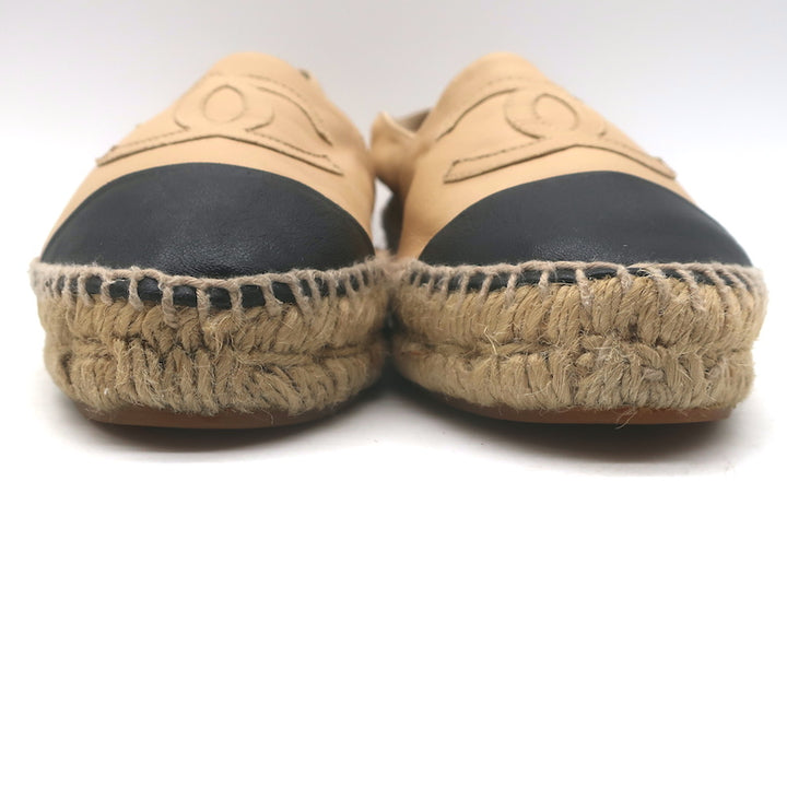 Chanel CC Cap Toe Espadrilles Beige &amp; Black Lambskin Leather Size 37