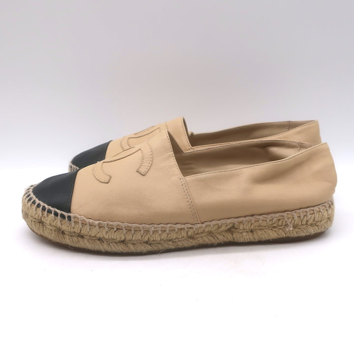 Chanel CC Cap Toe Espadrilles Beige &amp; Black Lambskin Leather Size 37