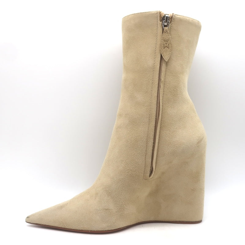 Amina Muaddi Pernille Wedge Ankle Boots Beige Suede Size 38.5