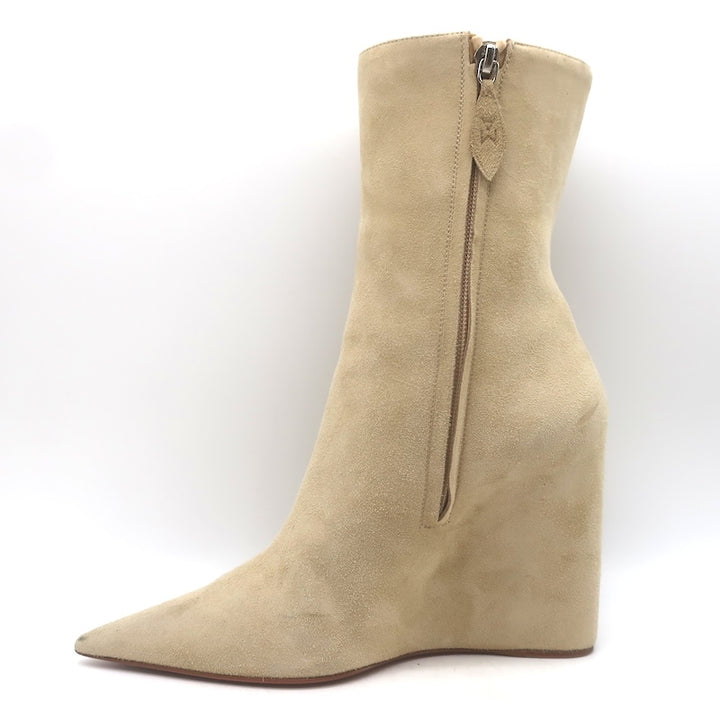 Amina Muaddi Pernille Wedge Ankle Boots Beige Suede Size 38.5