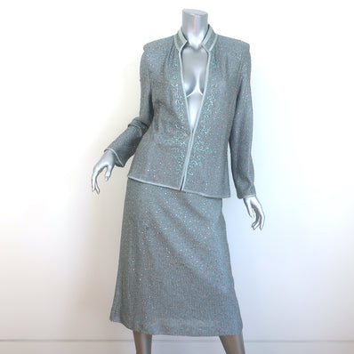 St. John Evening Beaded & Sequined Knit Skirt Suit Blue Size 10