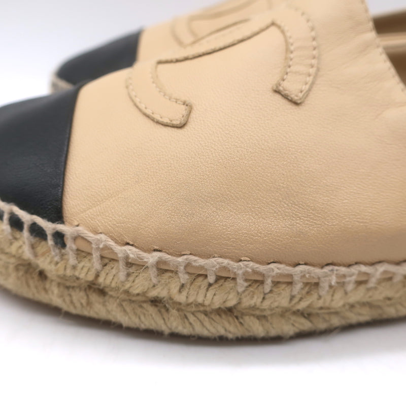 Chanel CC Cap Toe Espadrilles Beige &amp; Black Lambskin Leather Size 37