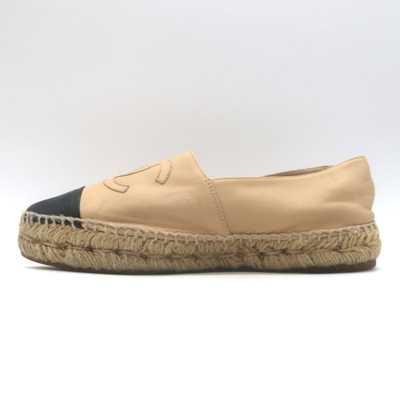 Chanel CC Cap Toe Espadrilles Beige &amp; Black Lambskin Leather Size 37