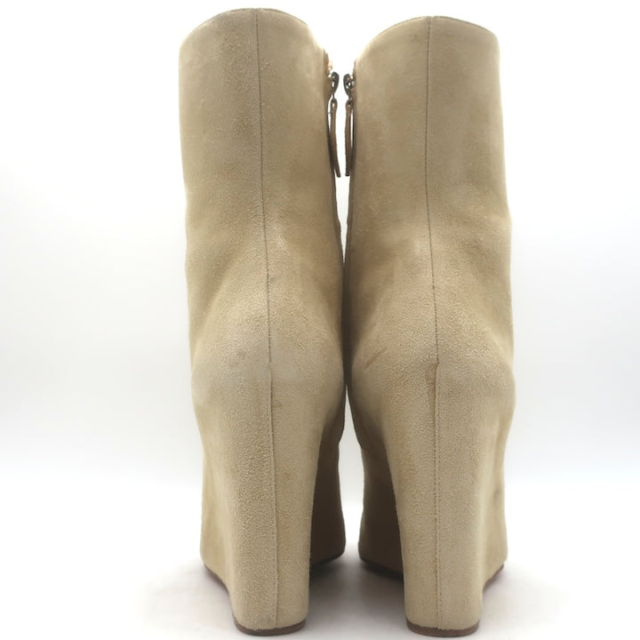 Amina Muaddi Pernille Wedge Ankle Boots Beige Suede Size 38.5