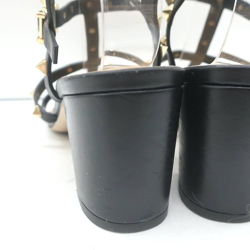 Valentino Rockstud Caged Sandals Black Leather Size 38.5 Ankle Strap Heels