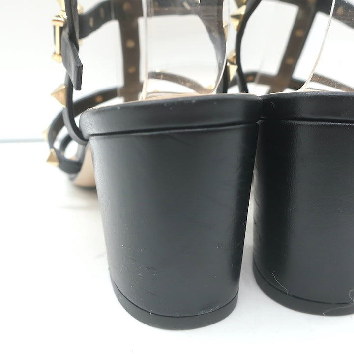Valentino Rockstud Caged Sandals Black Leather Size 38.5 Ankle Strap Heels