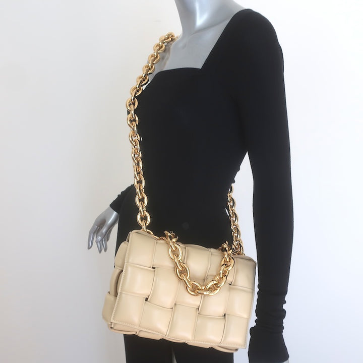 Bottega Veneta Maxi Padded Chain Cassette Bag Beige Intrecciato Leather NEW