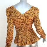 Jonathan Simkhai Peplum Top Mustard Floral Print Hammered Satin Size Small