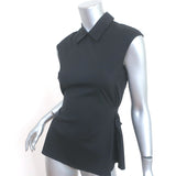 Prada Button-Back Blouse Black Stretch Cotton Size 38 Cap Sleeve Collared Top