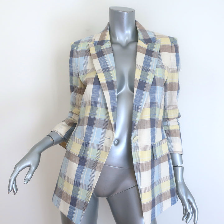 Veronica Beard Clayton plaid dickey jacket in powder blue and yellow, cotton-blend, size 6 — pre-owned, gently worn luxury piece