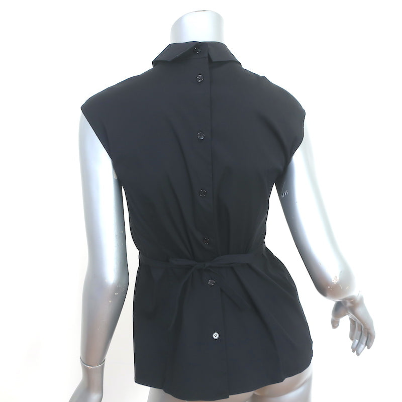 Prada Button-Back Blouse Black Stretch Cotton Size 38 Cap Sleeve Collared Top
