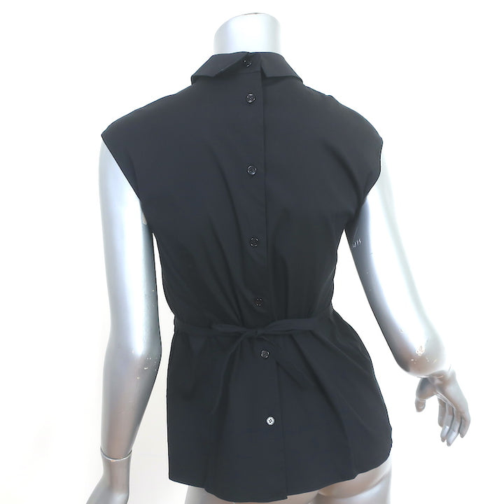 Prada Button-Back Blouse Black Stretch Cotton Size 38 Cap Sleeve Collared Top