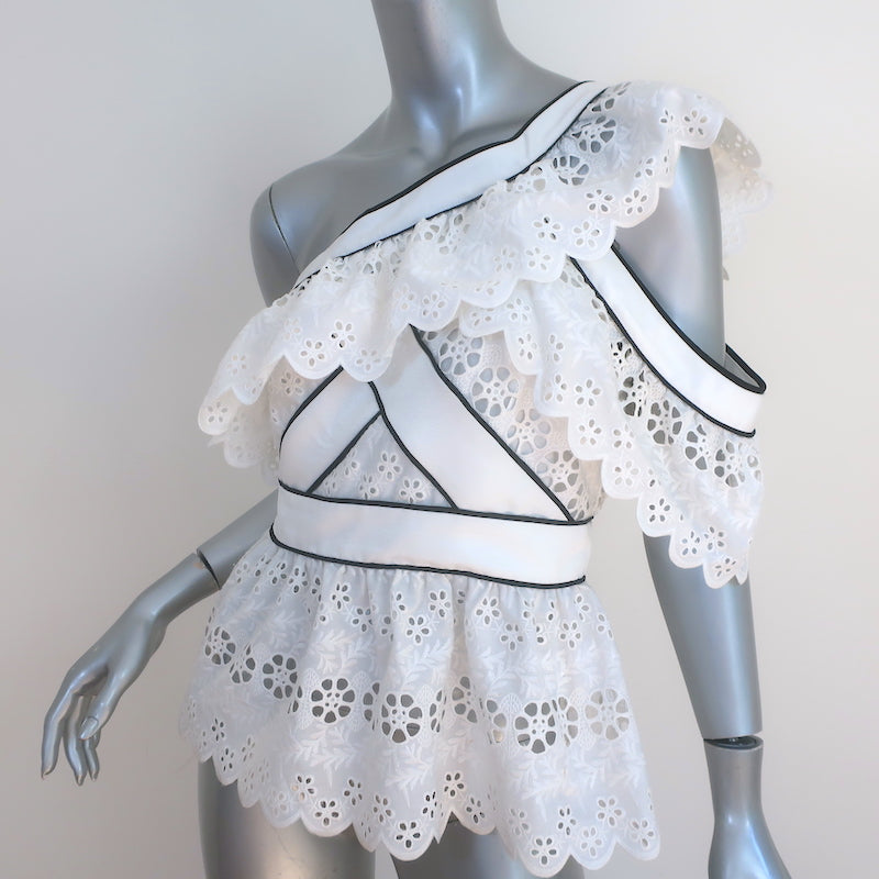 Self-Portrait Broderie Anglaise One-Shoulder Frill Top White Size US 6