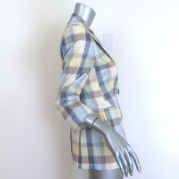 Veronica Beard Clayton plaid dickey jacket in powder blue and yellow cotton blend, gently pre-owned authentic luxury piece