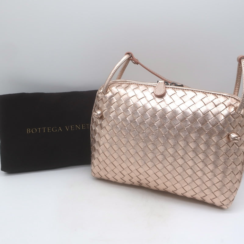 Bottega Veneta Nodini Crossbody Bag Rose Gold Metallic Intrecciato Leather