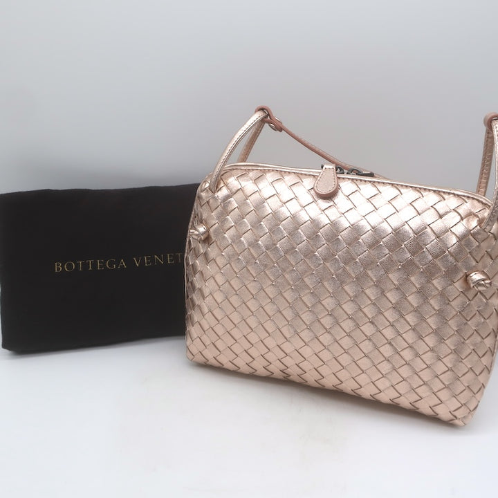 Bottega Veneta Nodini Crossbody Bag Rose Gold Metallic Intrecciato Leather