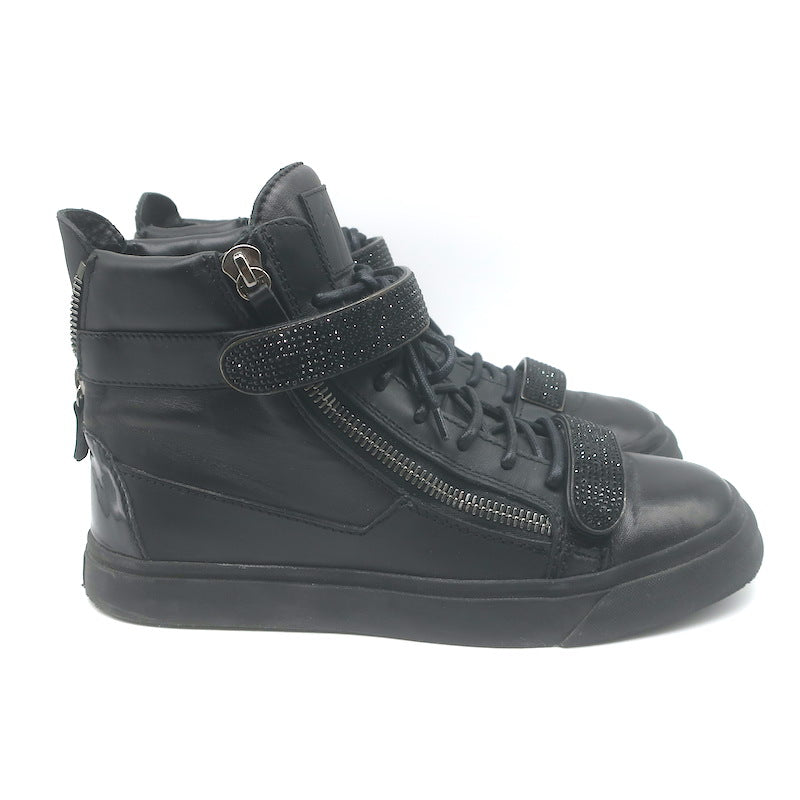 Giuseppe Zanotti Coby Crystal-Strap High Top Sneakers Black Leather Size 42
