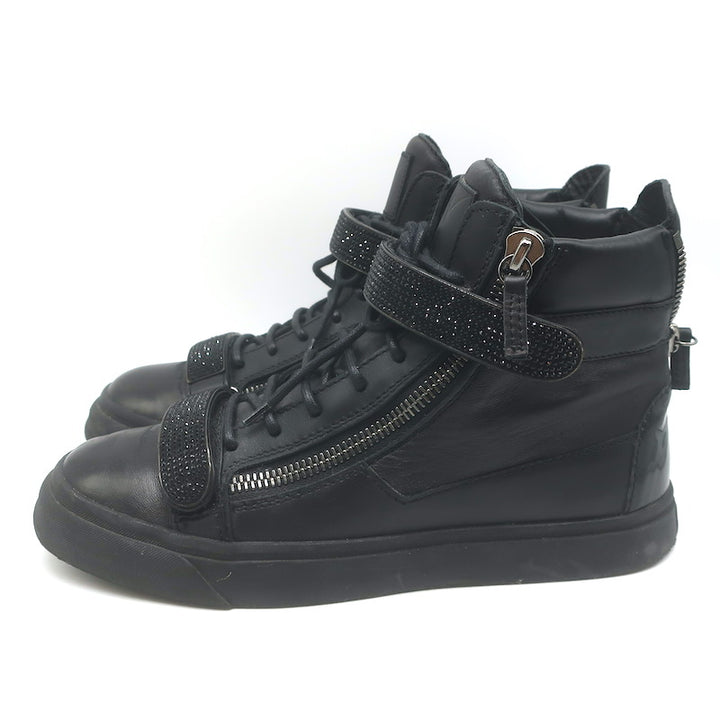 Giuseppe Zanotti Coby Crystal-Strap High Top Sneakers Black Leather Size 42