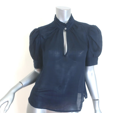 FRAME navy deep-V ruffle collar puff-sleeve blouse, authentic pre-owned luxury, gently worn size Small
