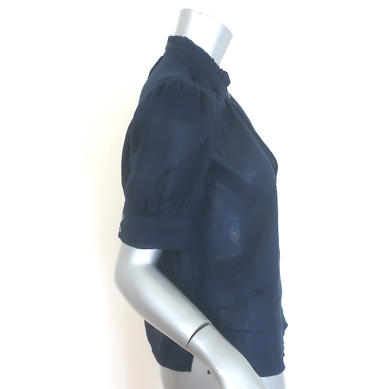 FRAME deep V ruffle-collar navy blouse with puff sleeves, authentic pre-owned luxury women&