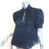 FRAME navy deep-V ruffle-collar puff-sleeve blouse, authentic pre-owned luxury piece, size small