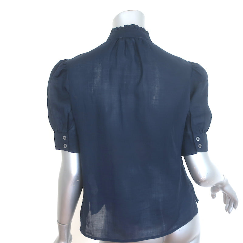 FRAME Deep V ruffle-collar navy puff-sleeve blouse, pre-owned designer piece, gently worn