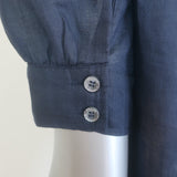 Authentic pre-owned FRAME deep V ruffle-collar blouse in navy with puff sleeves