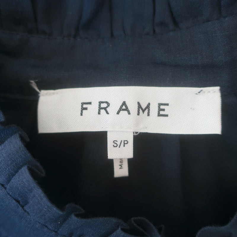 FRAME navy deep-V ruffle collar puff-sleeve blouse, authentic pre-owned, size S, gently worn luxury piece