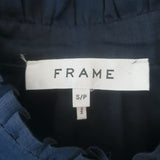 FRAME navy deep-V ruffle collar puff-sleeve blouse, authentic pre-owned, size S, gently worn luxury piece