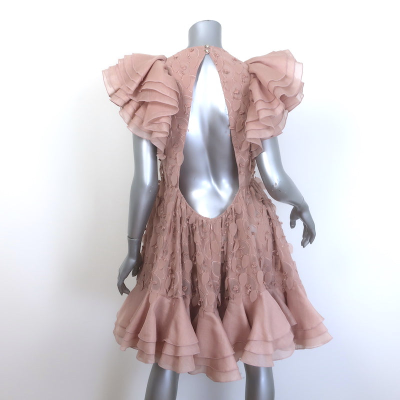 Zimmermann Dancer Frilled Mini Babydoll Dress Blush Embroidered Organza Size 3
