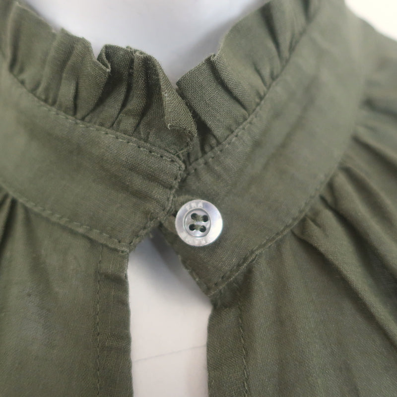 FRAME Deep V Ruffle Collar Top Fatigue Green Size Extra Small Puff Sleeve Blouse