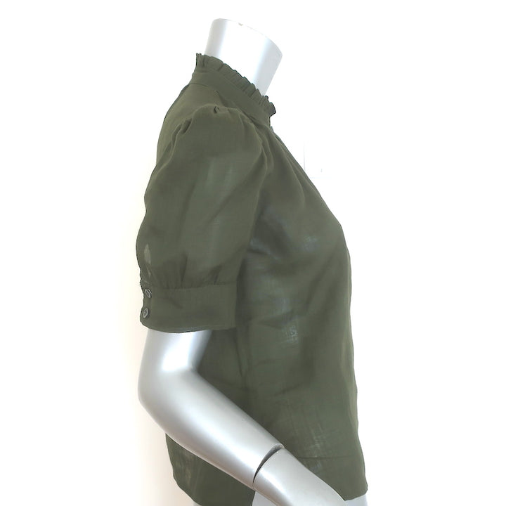 FRAME Deep V Ruffle Collar Top Fatigue Green Size Extra Small Puff Sleeve Blouse